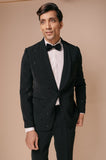 Black shawl lapel tuxedo with all over stack motifs