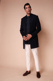 Midnight blue open style sherwani with quard motifs and tonel kurta