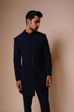 Midnight blue bandhgala with embroidered gold outline