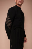 Black sherwani with embroidered sleeve lines and tie up detail