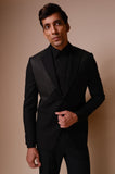 Black peak lapel suit with diagonal gold textured lines across chest