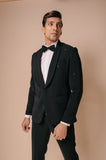 Black shawl lapel tuxedo with all over stack motifs