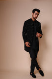 Black open style sherwani with embroidered pyramid motifs