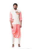PEACH COWL KURTA WITH OFF WHITE QUILTED WAIST COAT