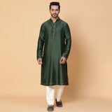 Green Kurta with Floral Nehru Jacket with Off White Pants