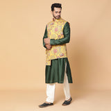 Green Kurta with Floral Nehru Jacket with Off White Pants