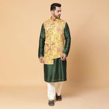 Green Kurta with Floral Nehru Jacket with Off White Pants