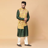 Green Kurta with Floral Nehru Jacket with Off White Pants