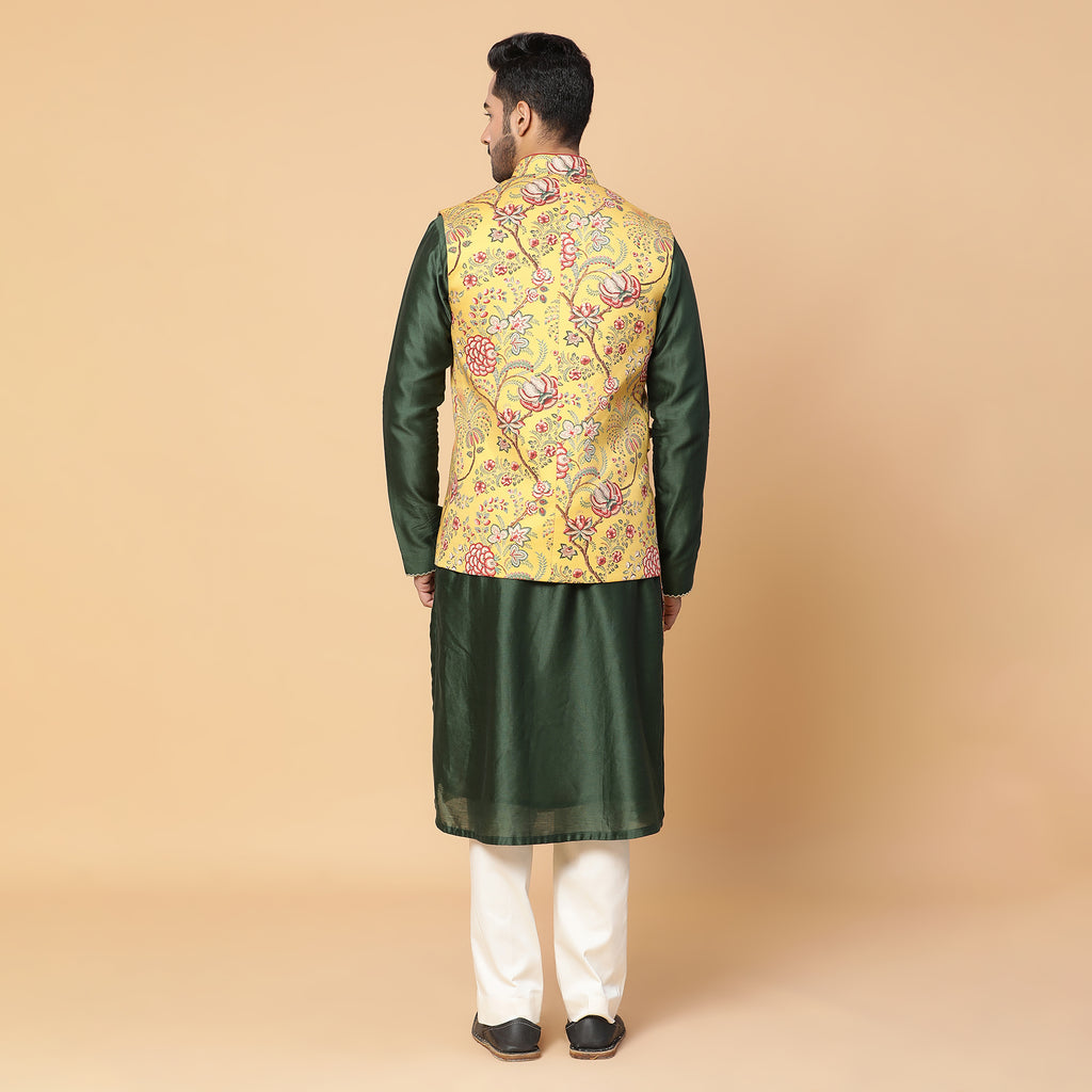 Green Classy Printed Kurta set with Nehru Jacket- Rent