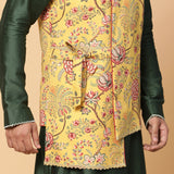 Green Kurta with Floral Nehru Jacket with Off White Pants