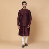 Maroon Silk Shoulder Pleated Kurta with Off White Chooridar