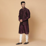 Maroon Silk Shoulder Pleated Kurta with Off White Chooridar