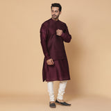 Maroon Silk Shoulder Pleated Kurta with Off White Chooridar