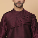 Maroon Silk Shoulder Pleated Kurta with Off White Chooridar