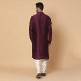 Maroon Silk Shoulder Pleated Kurta with Off White Chooridar