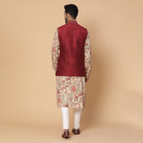 Beige  Printed Kurta with Raw Silk Maroon Anchoring Nehru Jacket