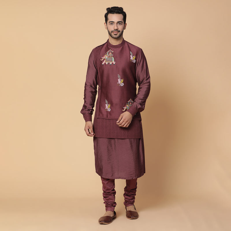 MAROON EMBROIDERED LAYERED KURTA SET