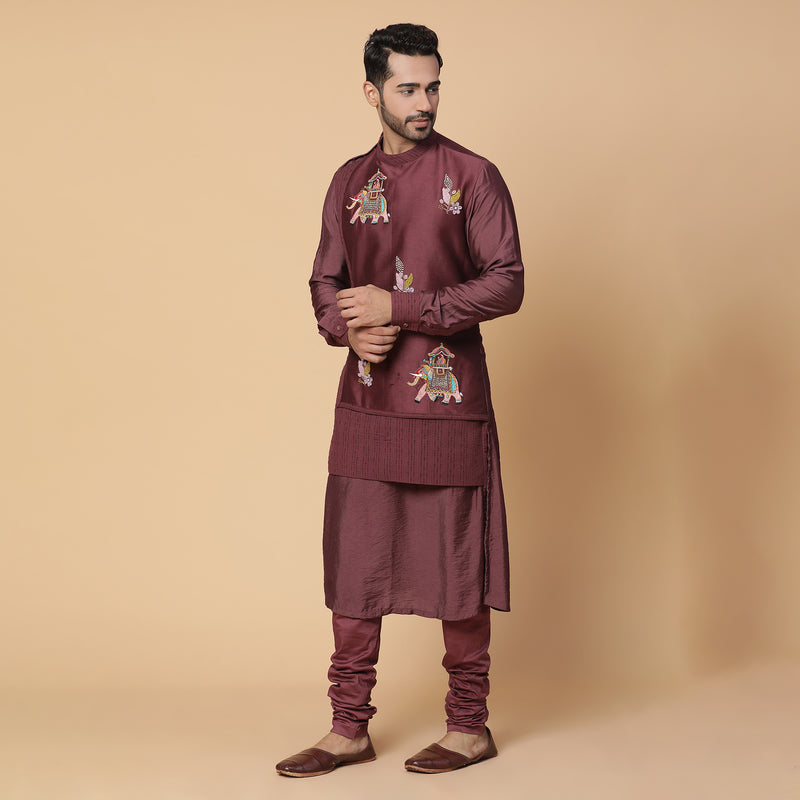 MAROON EMBROIDERED LAYERED KURTA SET