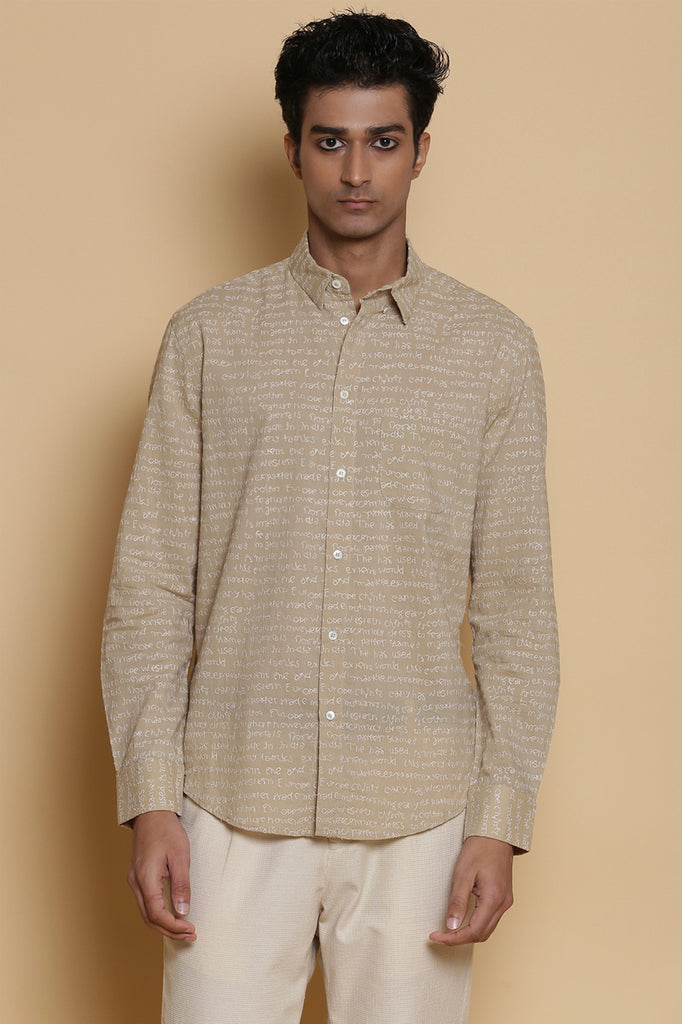 Beige Calligraphy Embroidered Regular-Fit Cotton Shirt