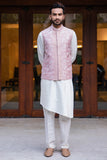 Off White Side Cut Pleated Kurta and Churidaar Paired with Onion Pink Embroidered Jacket