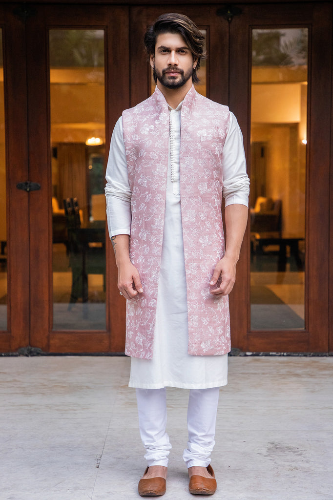 Onion Pink Long Embroidered Jacket with Off White Kurta and Churidaar