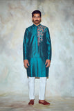 Green Hexagon Acrylic and Thread Mix One Side Embroidered Kurta and Bundy
