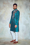 Green Hexagon Acrylic and Thread Mix One Side Embroidered Kurta and Bundy