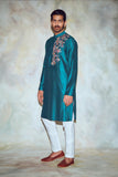 Green Hexagon Acrylic and Thread Mix One Side Embroidered Kurta