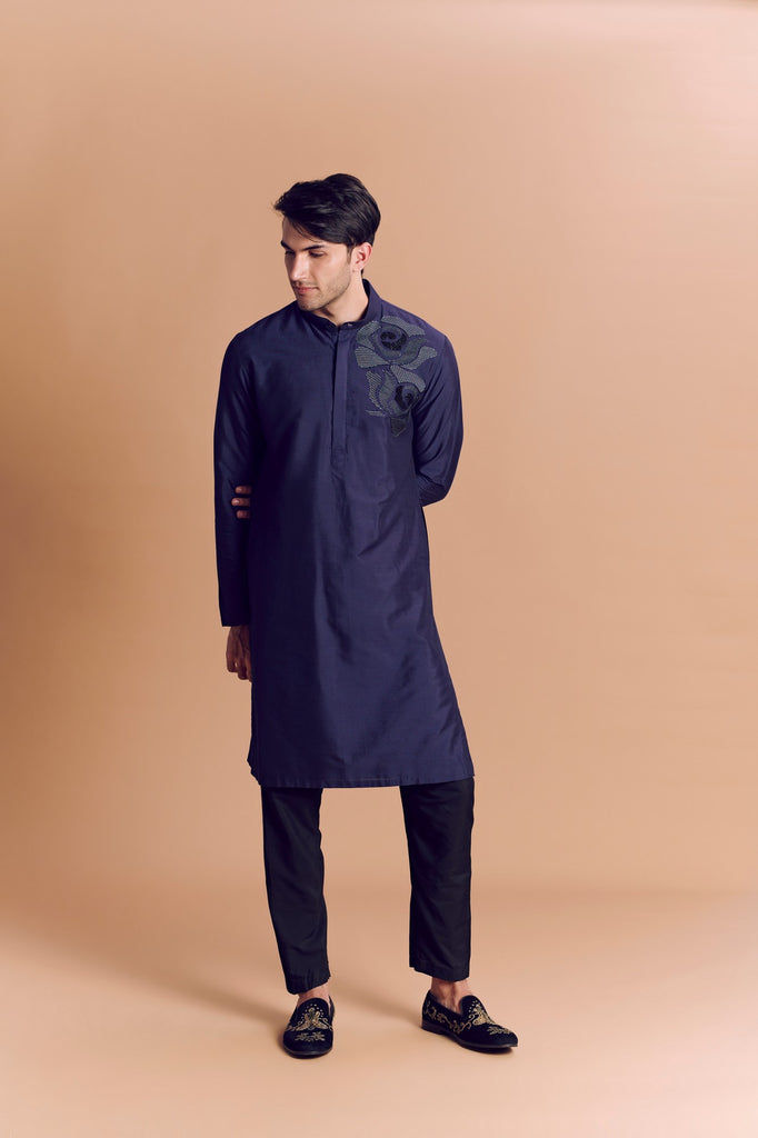 Navy Blue Kurta With Rose Embroidery & Pants