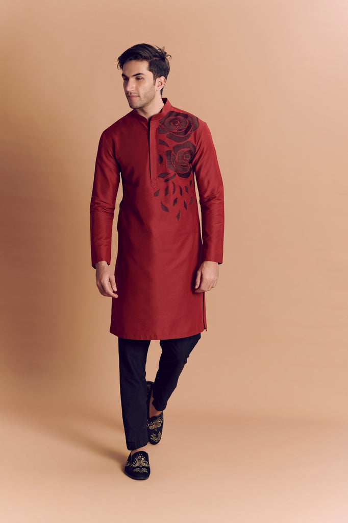 Maroon Kurta With Rose Embroidery & Pants