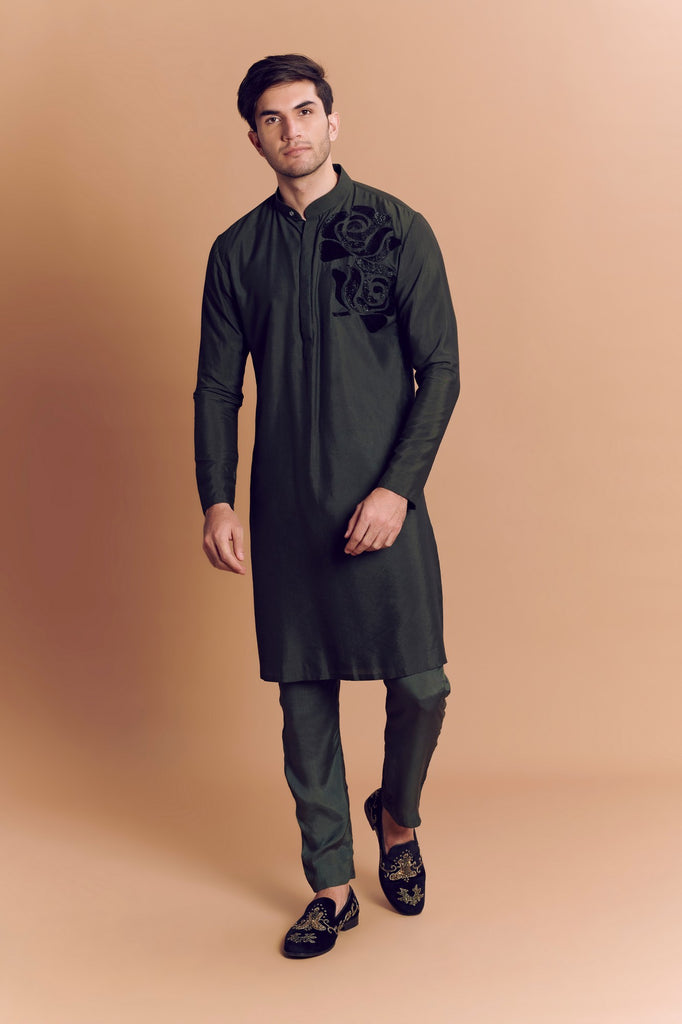 Olive Kurta With Rose Embroidery & Pants