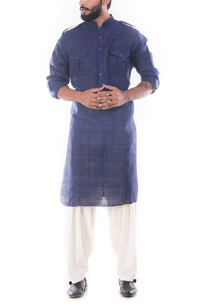 DENIM BLUE PATHANI SUIT WITH SALWAR PANTS – Curato