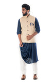 Royal Blue Cowl Drapped Kurta With Beige Motif Embroidery Jacket