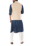 Royal Blue Cowl Drapped Kurta With Beige Motif Embroidery Jacket