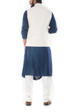 Royal Blue Cowl Drapped Kurta With Light Cream Nehru Jacket