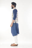 Royal Blue Cowl Drapped Kurta With Cream Dori Embroidery Waistcoat