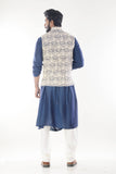 Royal Blue Cowl Drapped Kurta With Cream Dori Embroidery Waistcoat