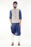 Royal Blue Cowl Drapped Kurta With Cream Dori Embroidery Waistcoat