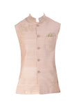 Light Beige Kurta With Peach Raw Silk Nehru Jacket