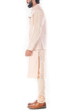 Light Beige Kurta With Peach Raw Silk Nehru Jacket