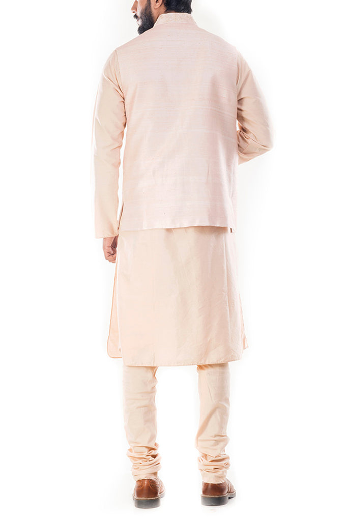 Buy KISAH Peach Jacquard Banarasi Kurta with Churidar and Nehru Jacket (Set  of 3) online