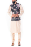 Light Beige Kurta With Ivory Floral Printed Jacket