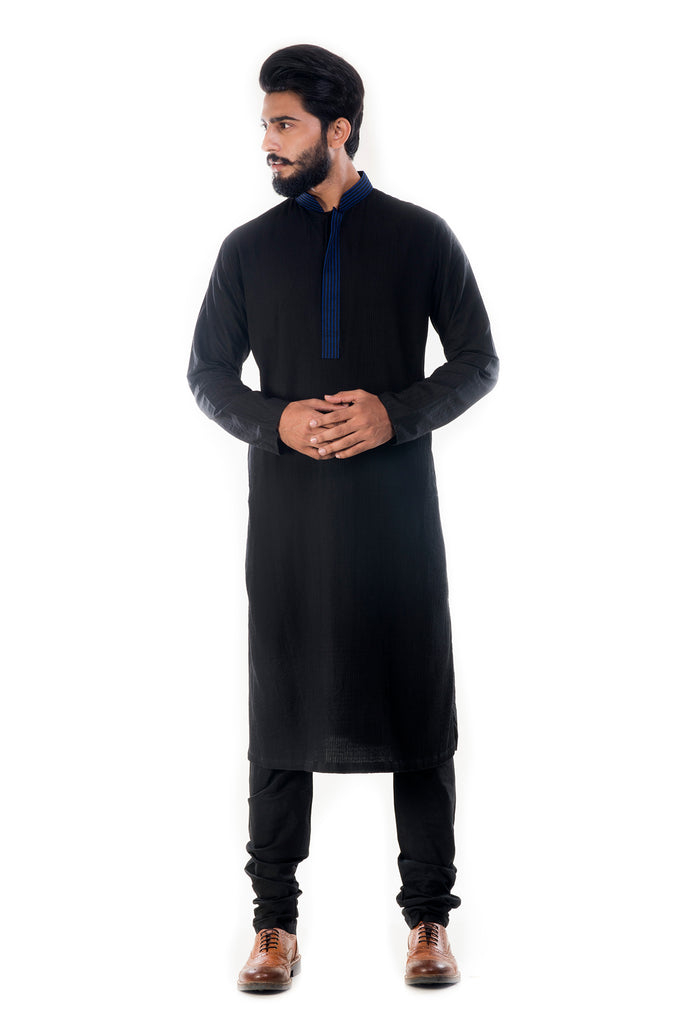 Buy Abhishti Extended Collar Cotton Flax Metallic Black Kurta with Straight  Pants by ABHISHTI MEN at Ogaan Market Online Shopping Site