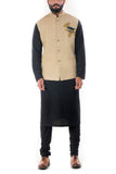 Black Solid Kurta With Beige Motif Embroidered Waistcoat