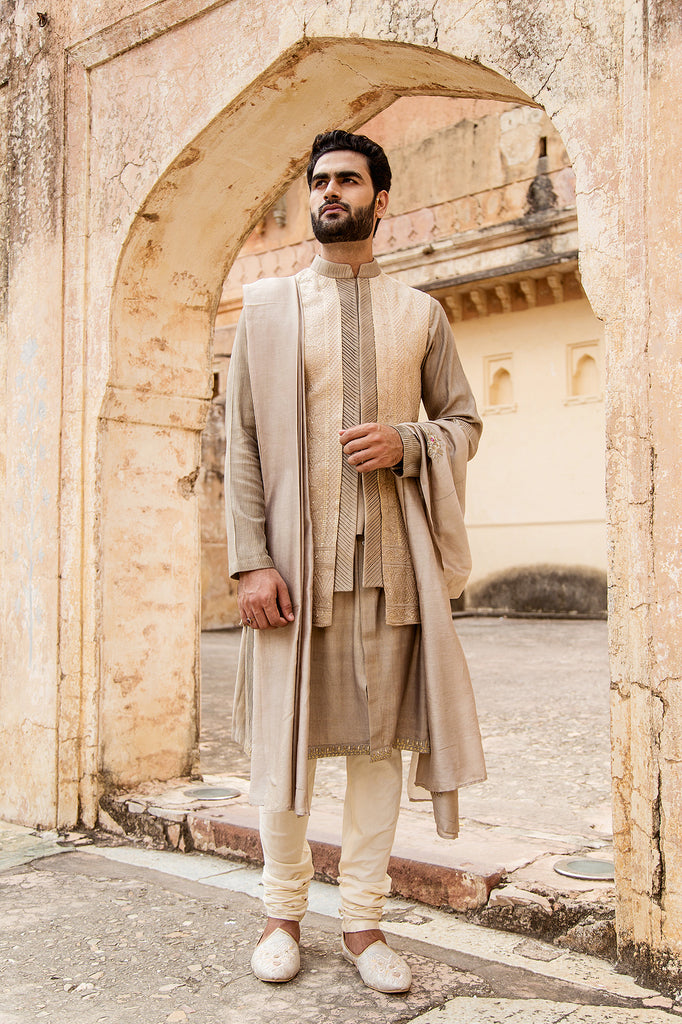 Beige Kurta Jacket Set For Men – paanericlothing