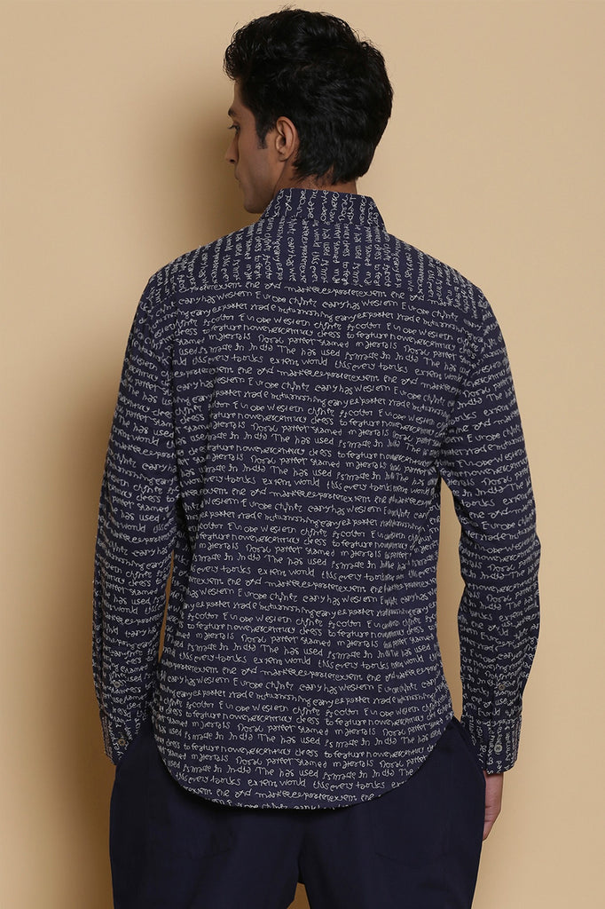 Indigo Calligraphy Embroidered Regular-Fit Cotton Shirt