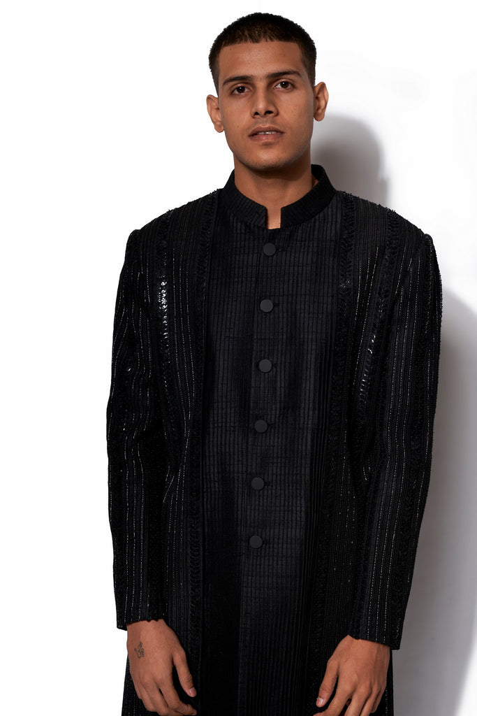 Black Embroidered Long Jacket Set