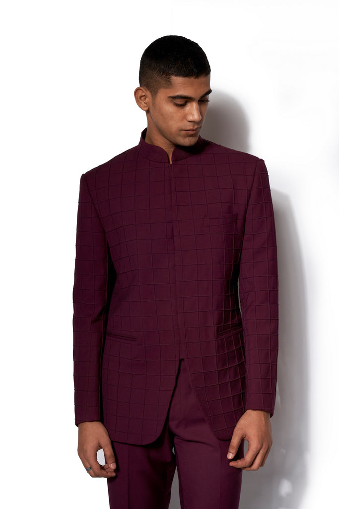 WINE TEXTURED BANDHGALA SET
