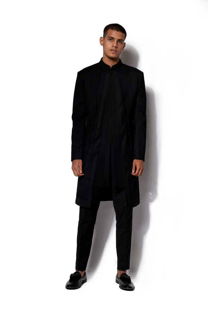 Black Asymmetrical Layered Long Jacket Set