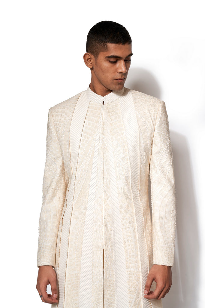 Ivory Asymmetrical Embroidered Long Jacket Set
